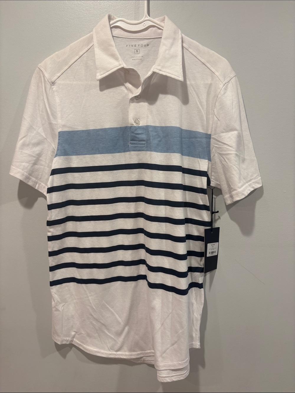 Five Four White Polo with Light Blue and Navy Stripes